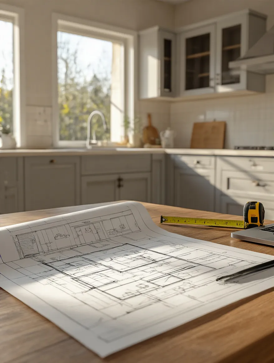 Blueprints and tools on a kitchen table for a remodel project