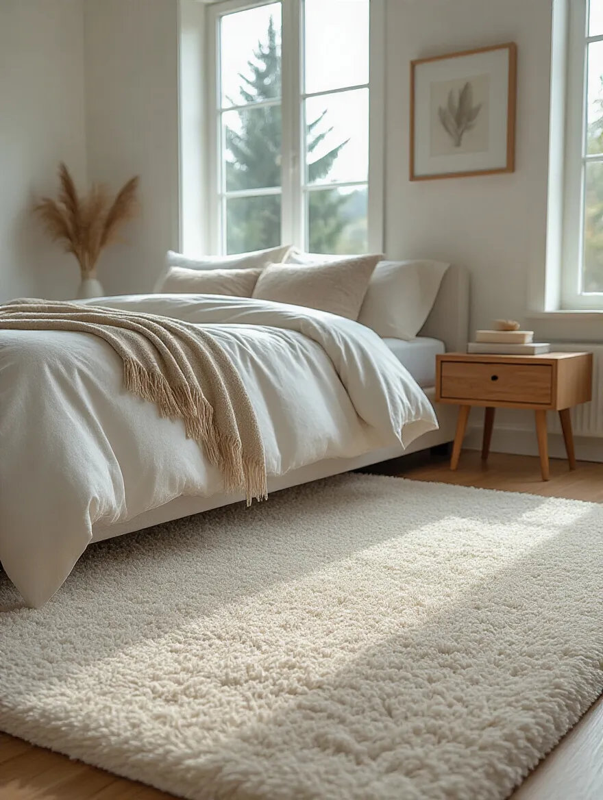 Modern bedroom with upgraded high-pile wool carpet flooring emphasizing comfort and durability, natural daylight, and cozy decor