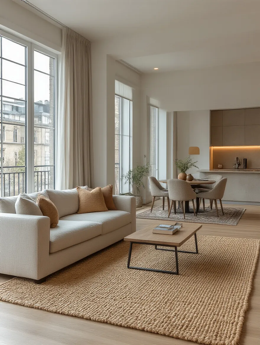 Open-plan apartment living room with distinct functional zones defined by area rugs, including seating and dining areas, no people