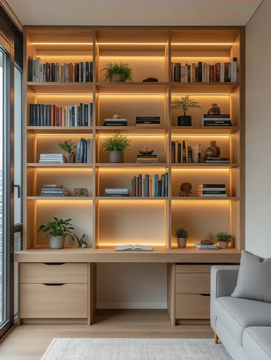 Modern apartment living room with floor-to-ceiling vertical storage shelves and built-in desk nook utilizing vertical wall space