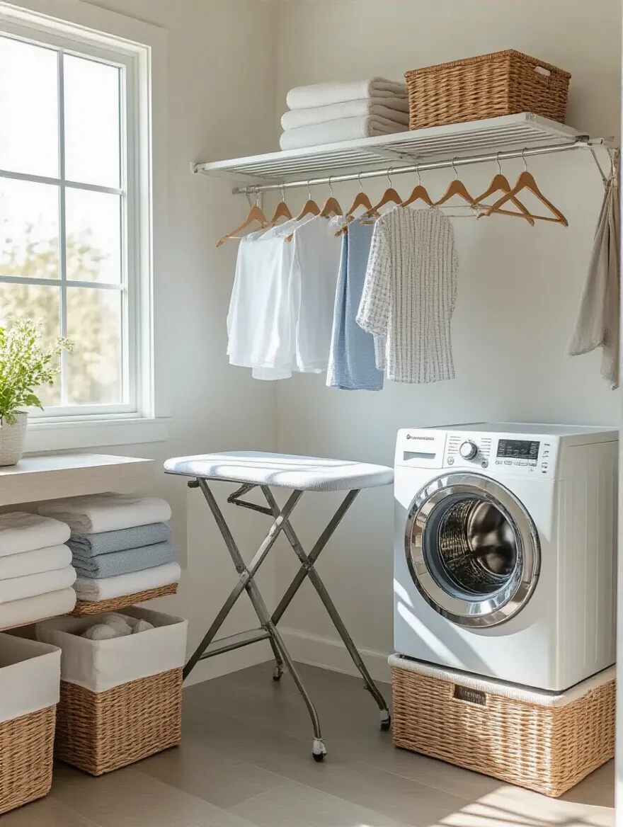 A modern laundry room featuring wall-mounted drying racks and an ironing board, showcasing space-saving organization.