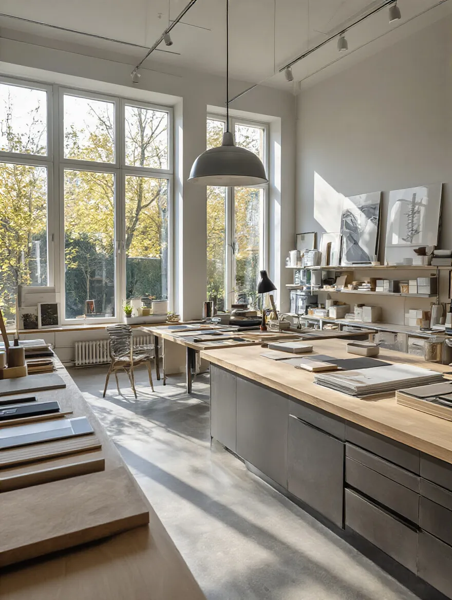 Professional kitchen design studio with modern tools and samples in a well-lit workspace.
