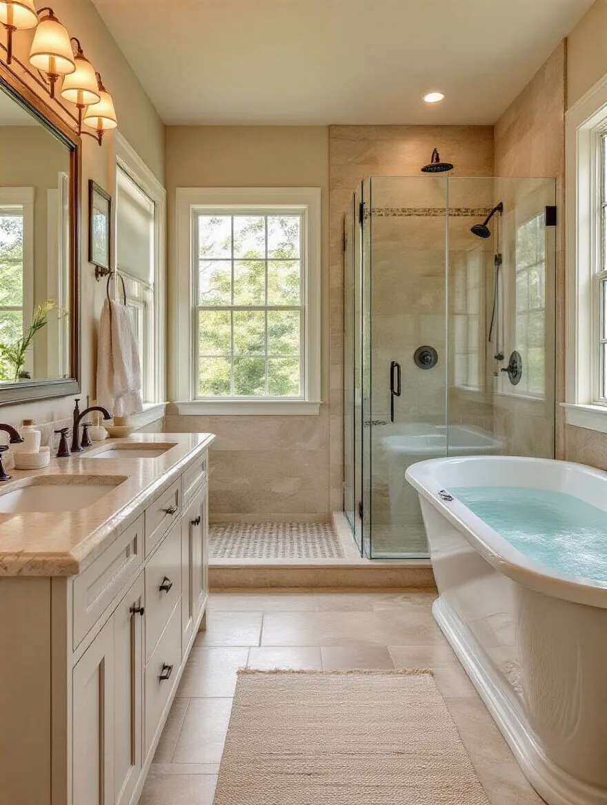 A well-designed master bathroom layout emphasizing user traffic and flow efficiency.
