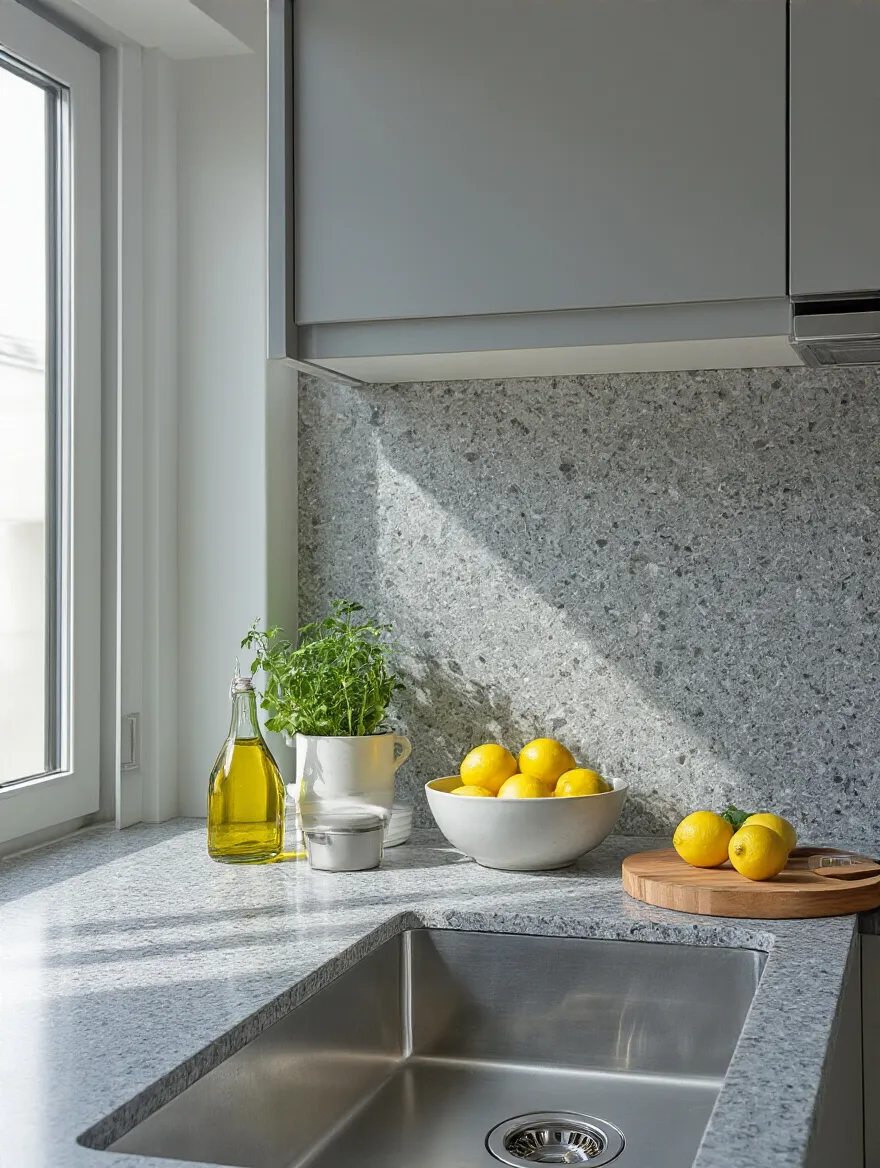 Modern kitchen portrait highlighting a durable quartz countertop with lemons and herbs on a cutting board, illustrating easy maintenance.