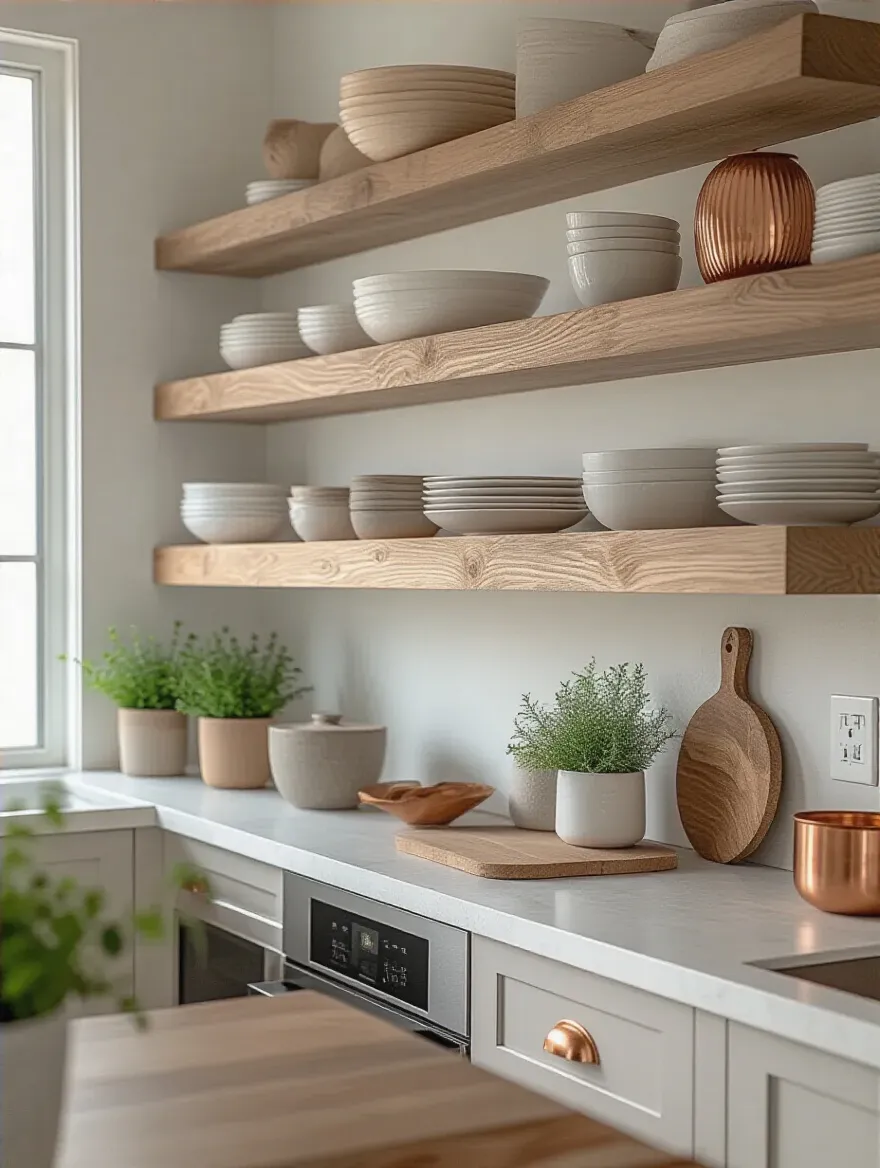 Modern kitchen shelf with balanced distribution of muted whites, grays, wood tones, and copper accents showcasing harmonious color and tone balance