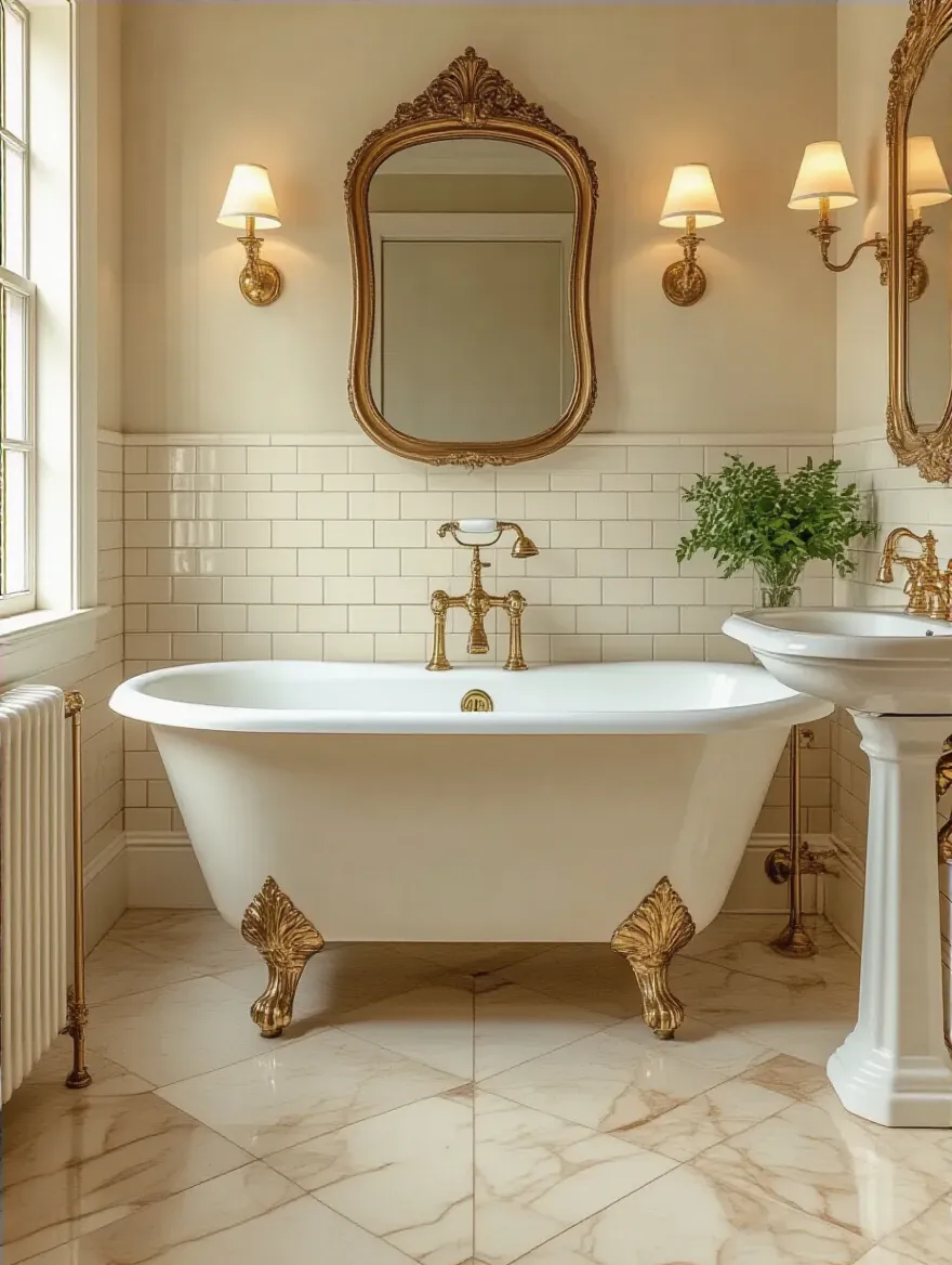 Portrait view of a stylish vintage bathroom with a clawfoot tub, brass fixtures, and warm lighting, emphasizing timeless design and smart planning.