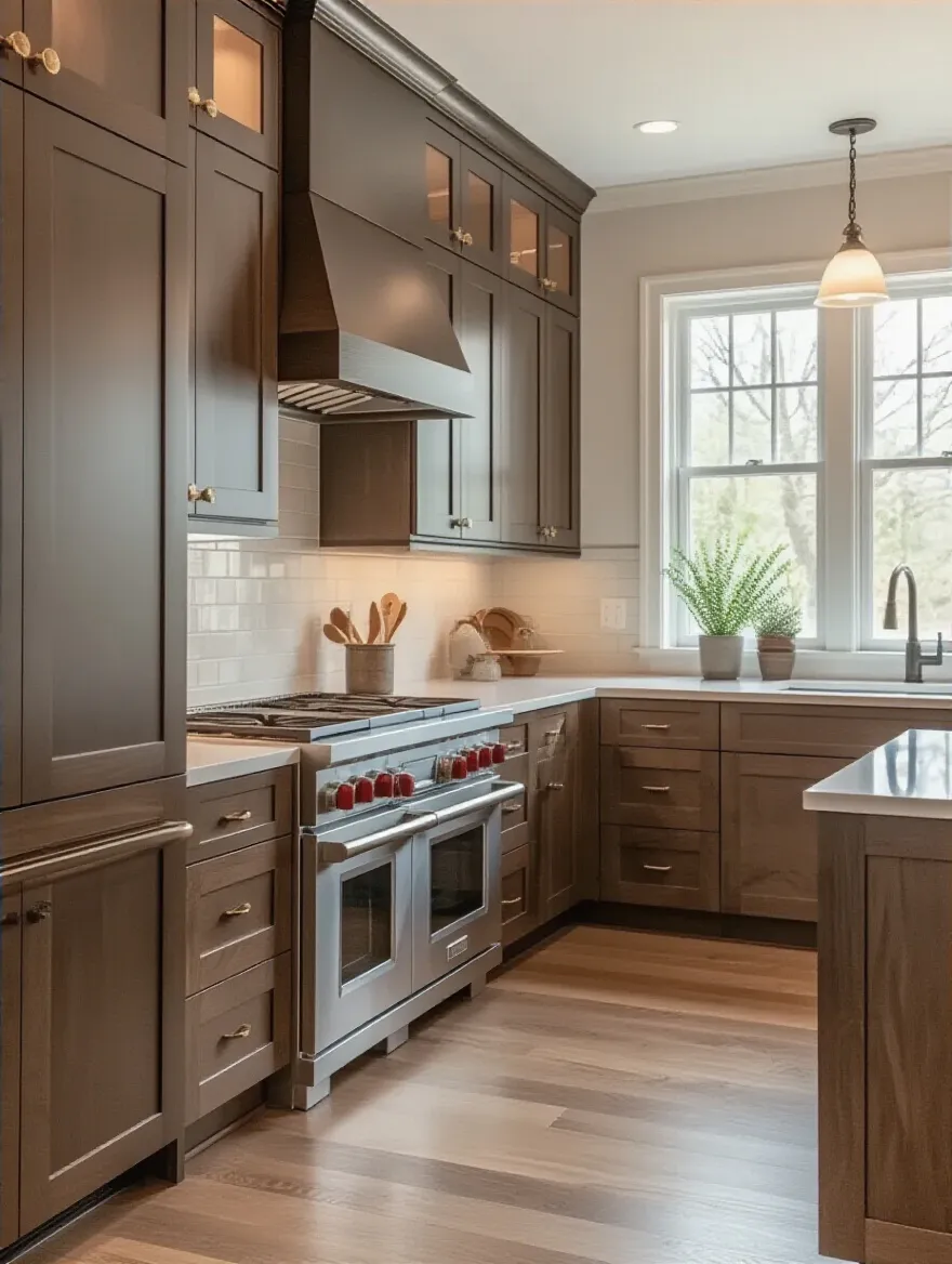 Close-up portrait photo of modern kitchen cabinets highlighting various cabinet finishes and hardware styles with natural and artificial lighting