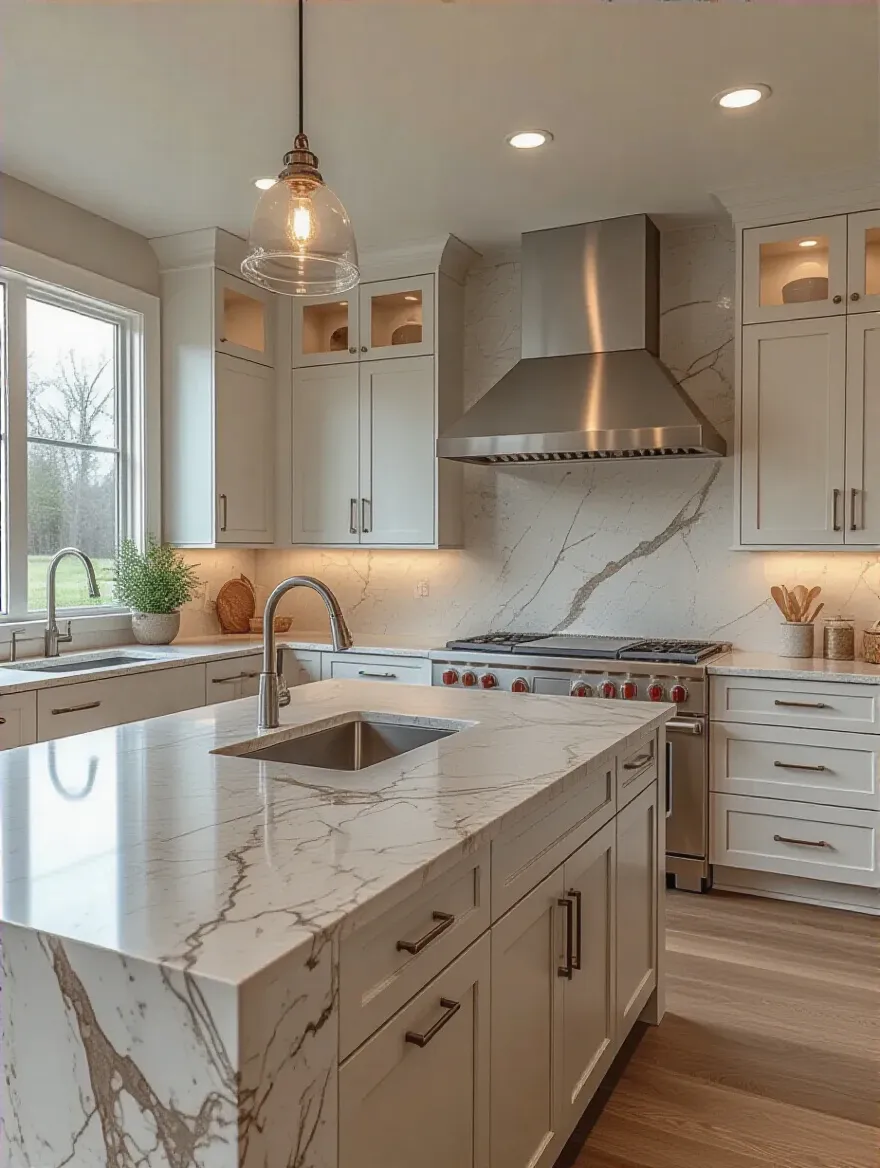 Portrait of a modern kitchen with a large island topped in engineered quartz showing uniform color and seamless surface, bright daylight