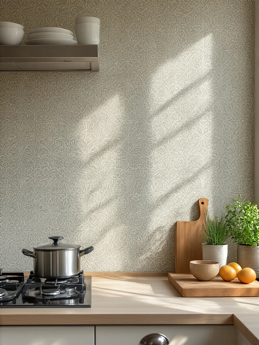 Modern kitchen backsplash with washable vinyl wallpaper in a clean, well-lit kitchen