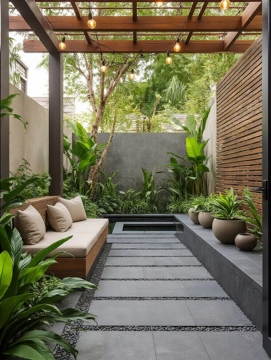 Vertical photo of a cohesive backyard with a modern tropical theme, showing unified materials and lighting.