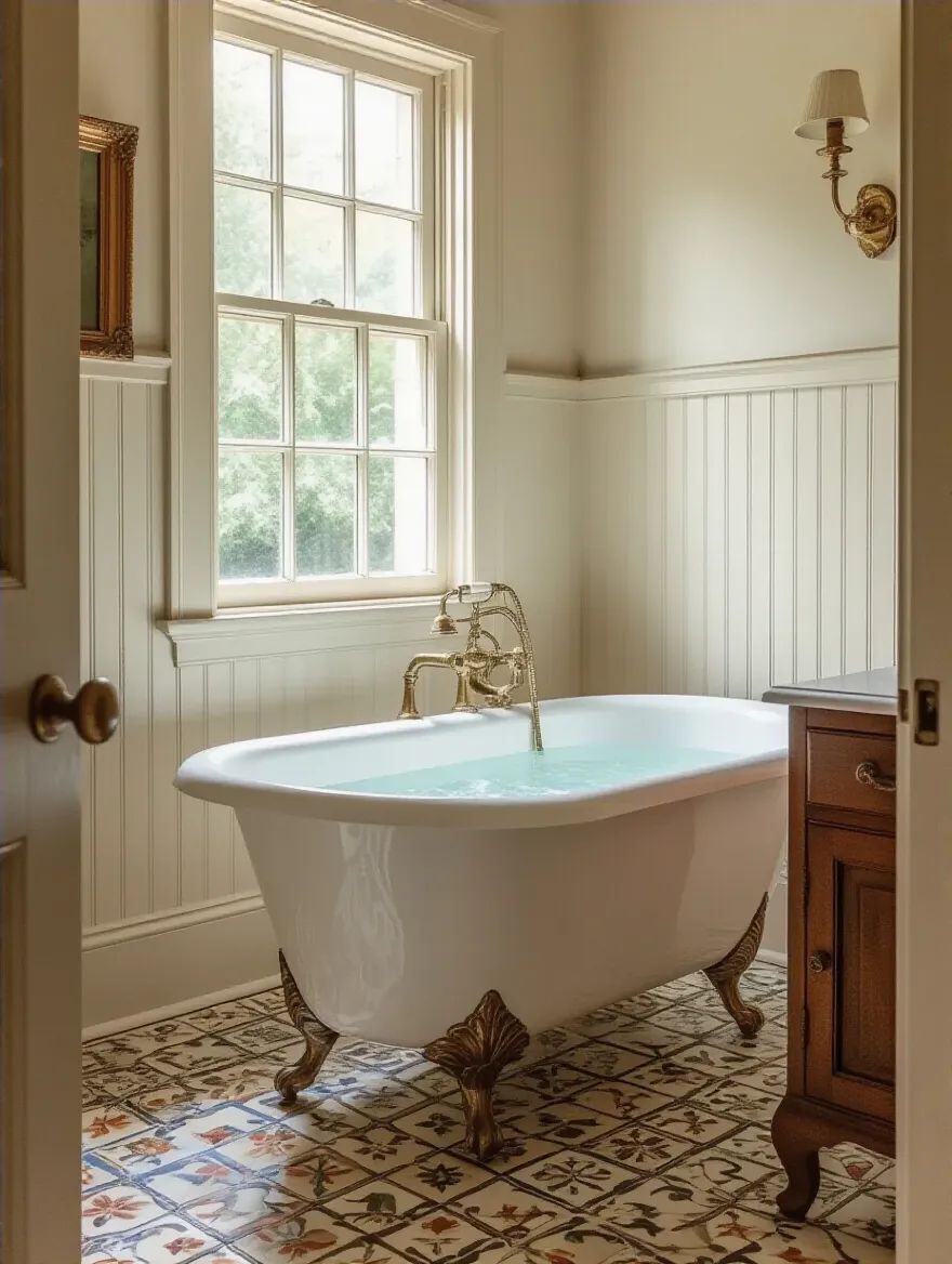 Sunlit vintage bathroom with a centered freestanding tub, showcasing clawfoot details and period-appropriate finishes.