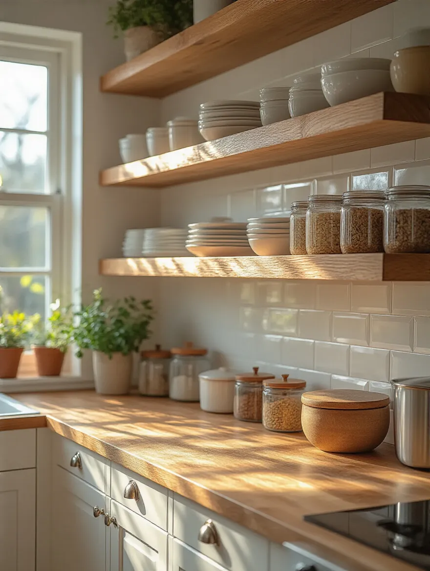 Clean and polished kitchen shelves with wooden and metal surfaces reflecting natural light in a modern kitchen