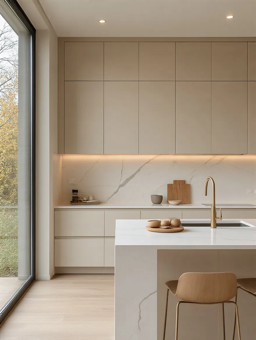 Vertical kitchen scene with seamless white quartz countertop and full-height backsplash, warm cabinetry, soft daylight