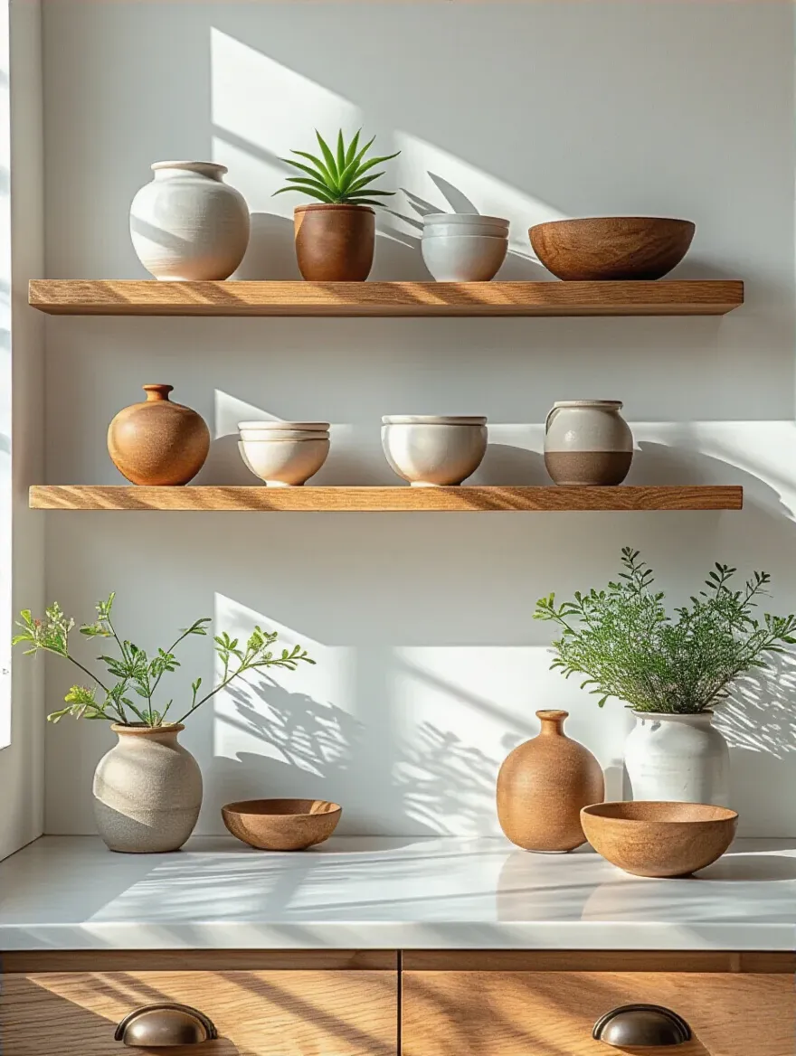 Modern kitchen shelf with intentional negative space and minimal decor items arranged for visual clarity and impact