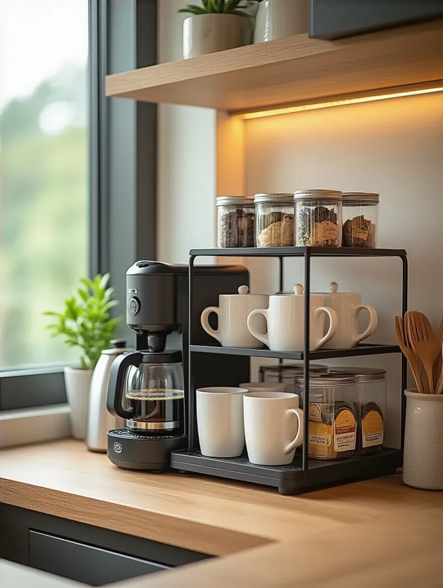Small, functional coffee and drink station with coffee maker, electric kettle, mugs, and organized accessories in a modern kitchen
