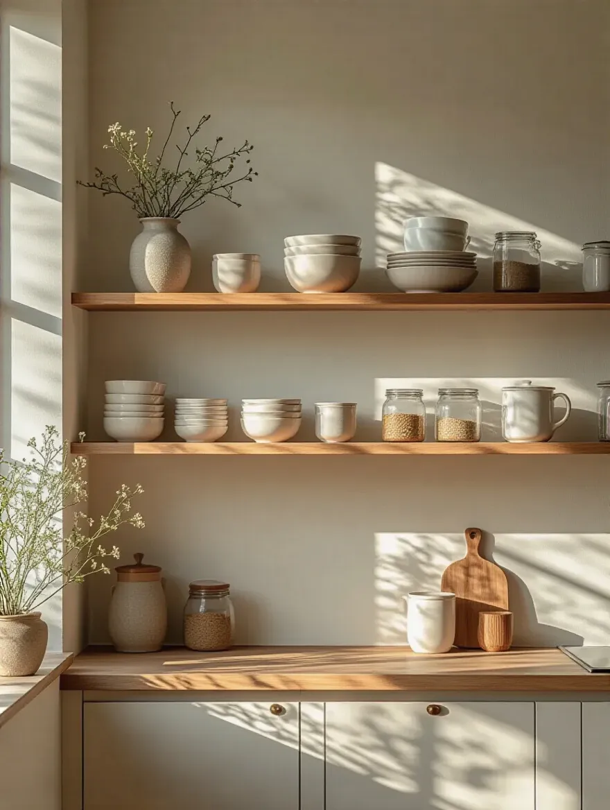 Minimalist decluttered kitchen shelf with curated decor and ample negative space