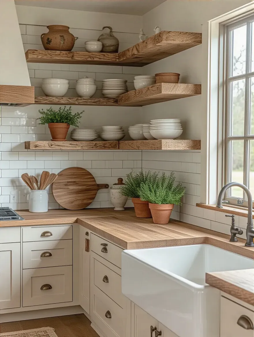 Modern farmhouse kitchen corner with harmonized raw edge oak floating shelves styled with antique white stoneware and greenery