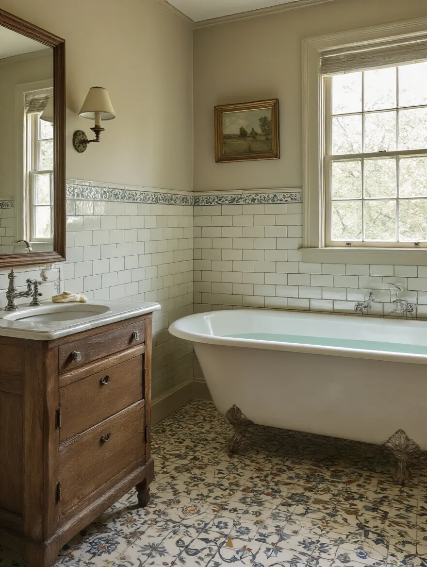 Portrait shot of a vintage bathroom with era-cohesive design and period fixtures.