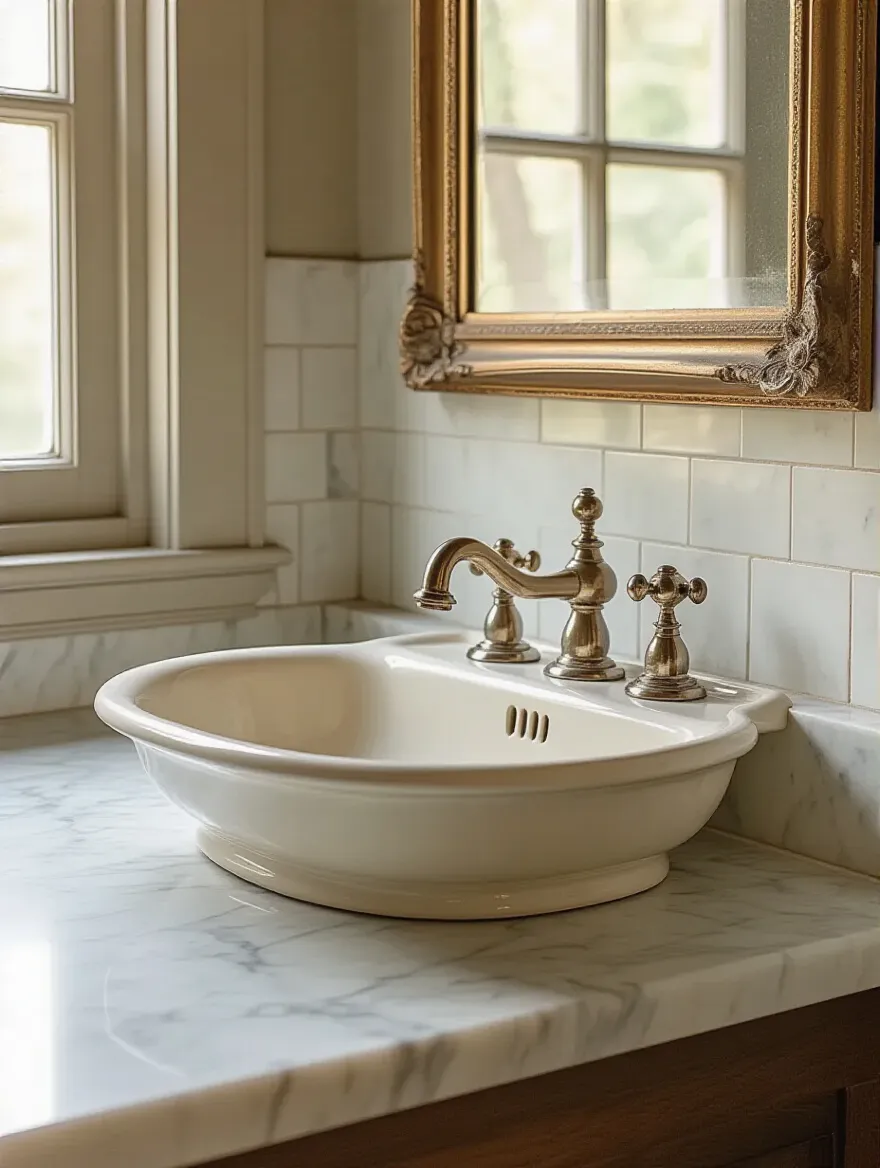 Vertical portrait of a vintage bathroom with porcelain sink and patinated brass fixtures, soft natural light.