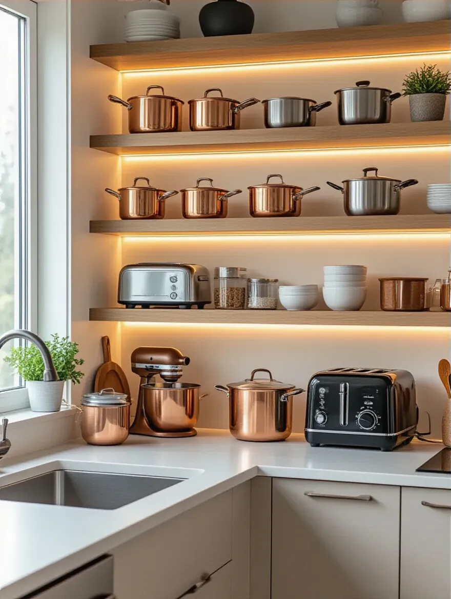 Portrait photo of a modern kitchen corner with curated cookware and appliances displayed on open shelves with stylish lighting
