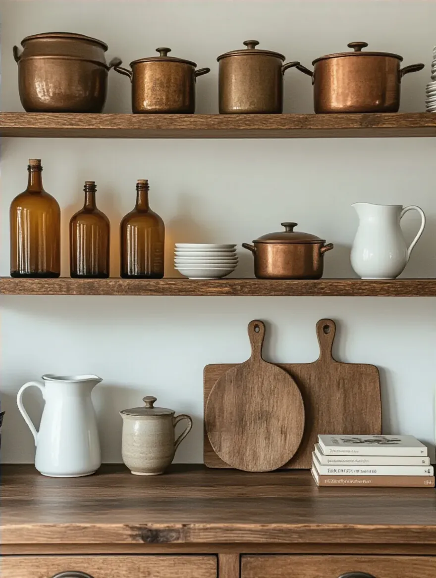 Thoughtfully styled kitchen shelf displaying vintage finds with charm and unique story