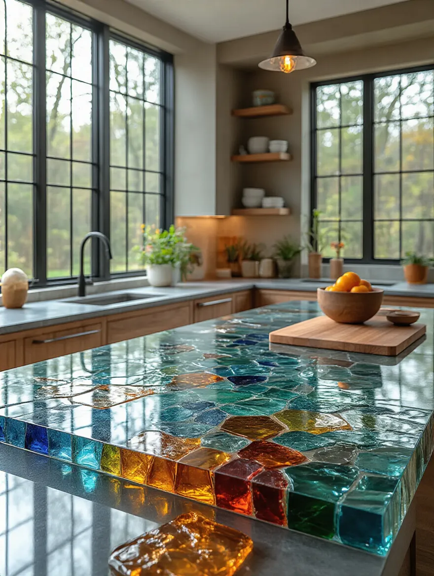 Portrait of a modern kitchen with an eco-friendly recycled glass countertop featuring vibrant glass shards and edge detail, natural light, no people.