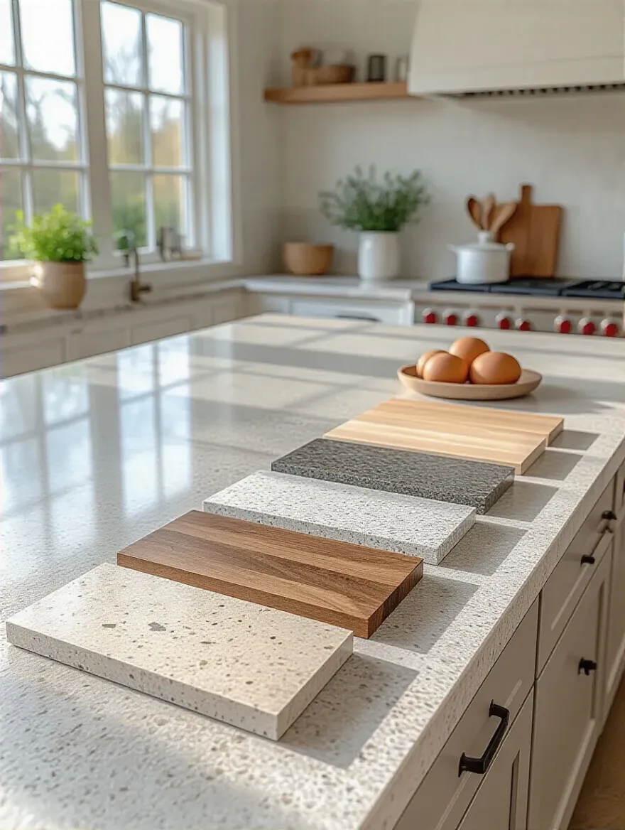 Vertical shot of a modern kitchen island with diverse countertop material samples and soft lighting.