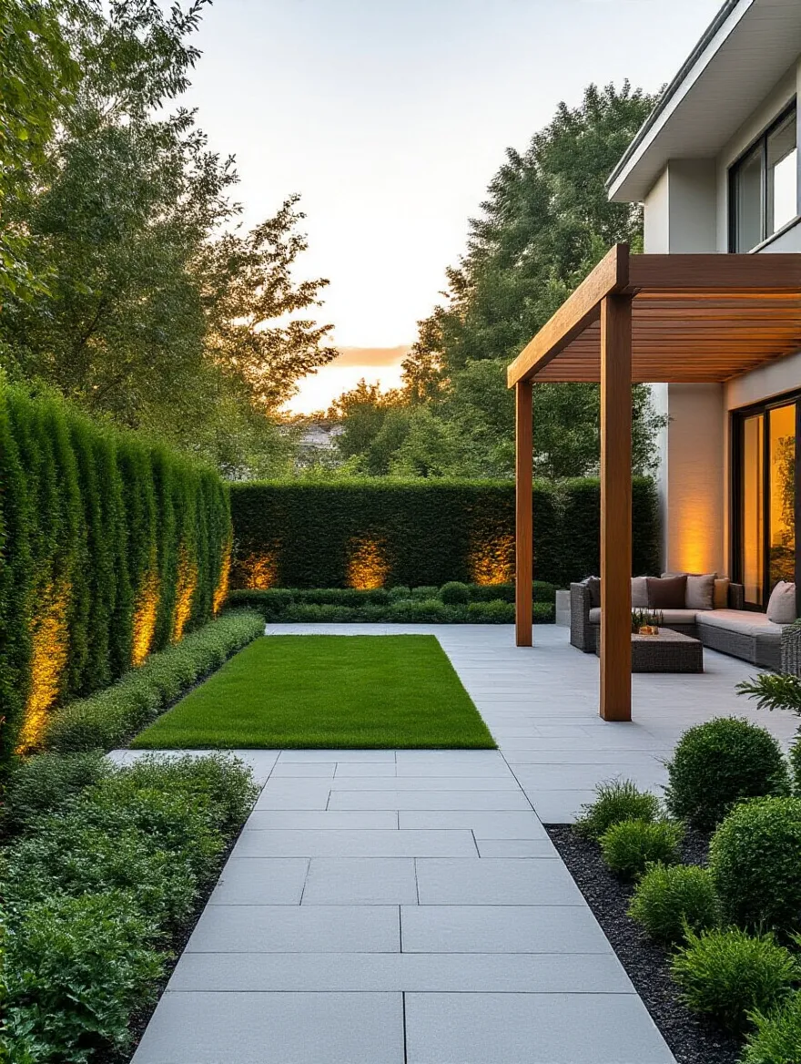 Vertical backyard scene showing patio, lawn, and planting beds to illustrate budget framework planning.