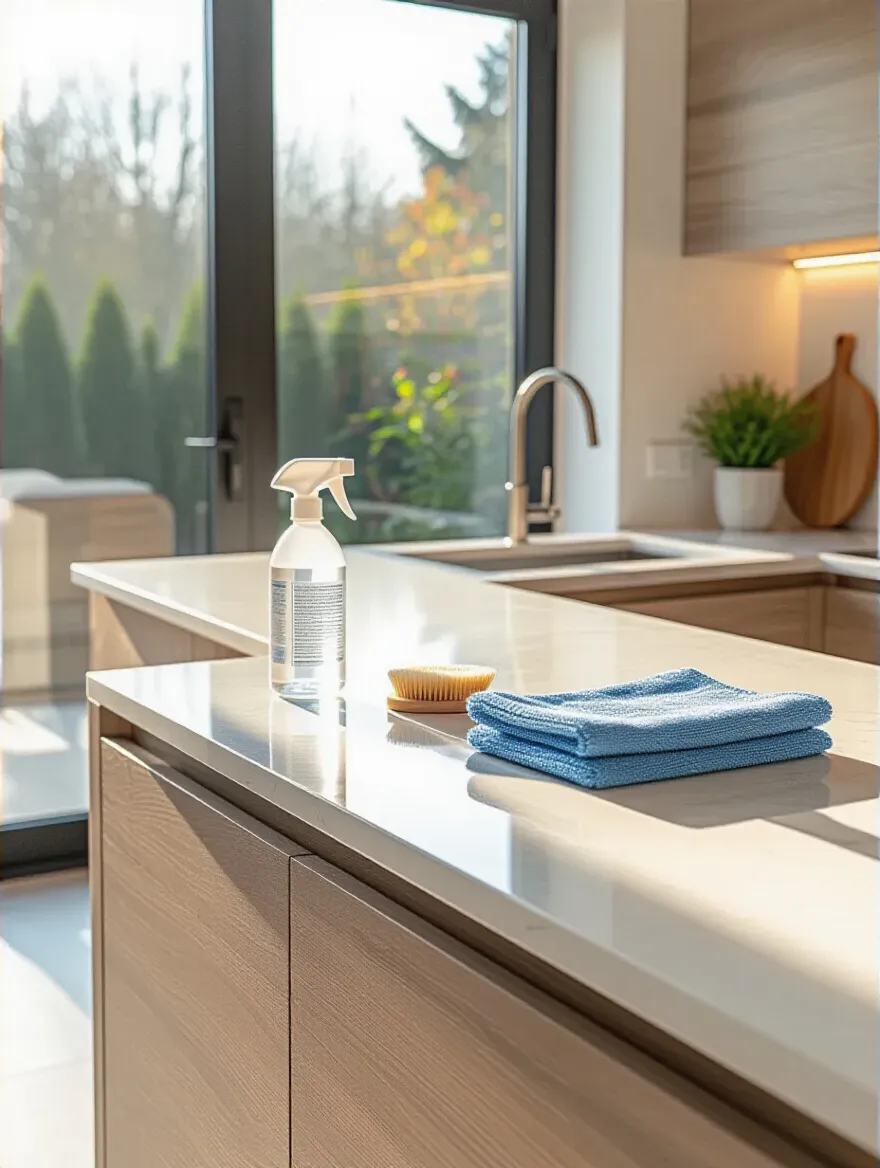 Portrait of a modern kitchen island with a maintenance setup on a quartz countertop, no text, natural lighting.