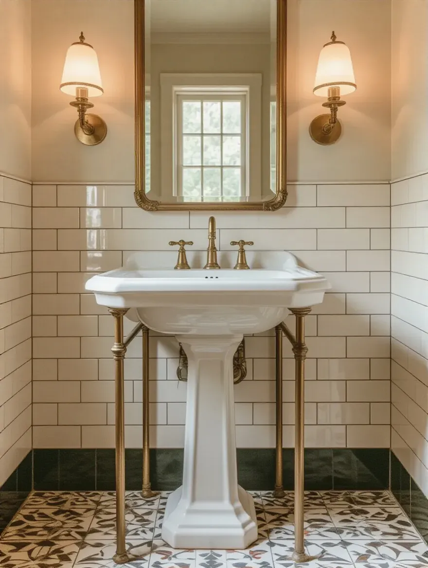 Vertical vintage bathroom with pedestal sink and console vanity