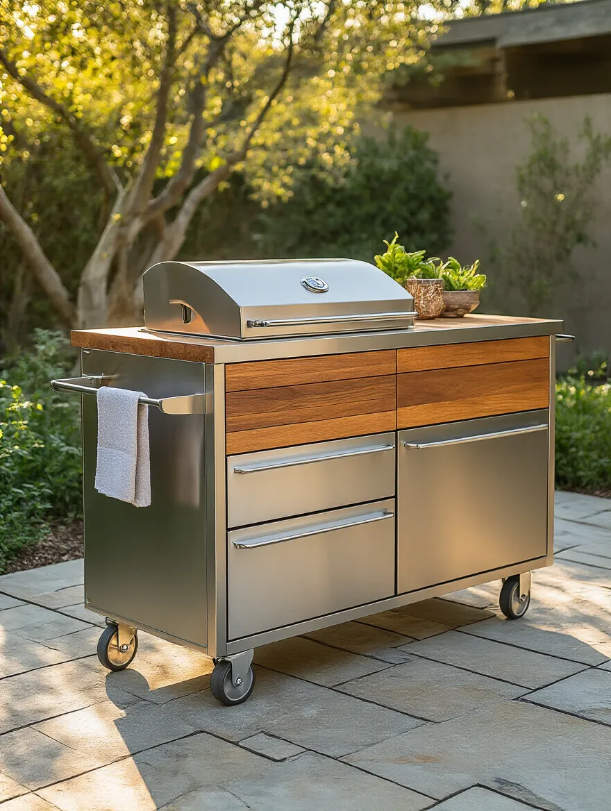 Vertical portrait of an efficient outdoor kitchen cart in a modern backyard with warm golden-hour lighting