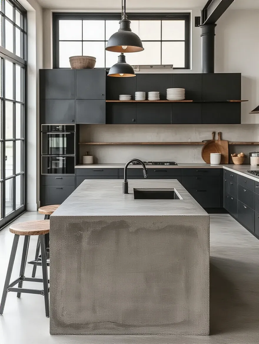 Industrial kitchen with a textured concrete countertop island, showcasing integrated features