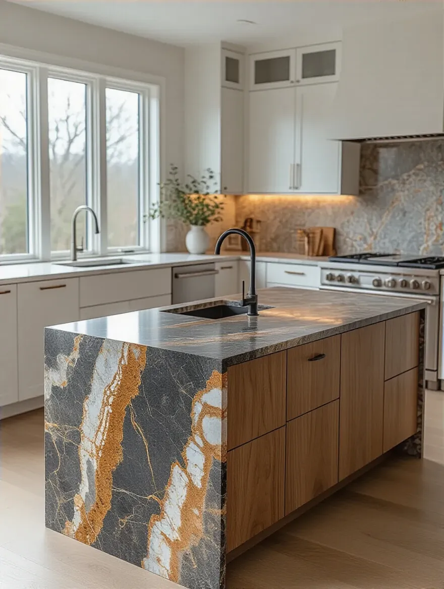 Vertical shot of a modern kitchen island with a natural granite countertop showing dramatic veining and a polished finish.