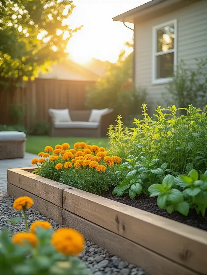 Portrait view of a backyard corner with pest-repellent plants, a fine-mesh barrier, and warm golden-hour light.
