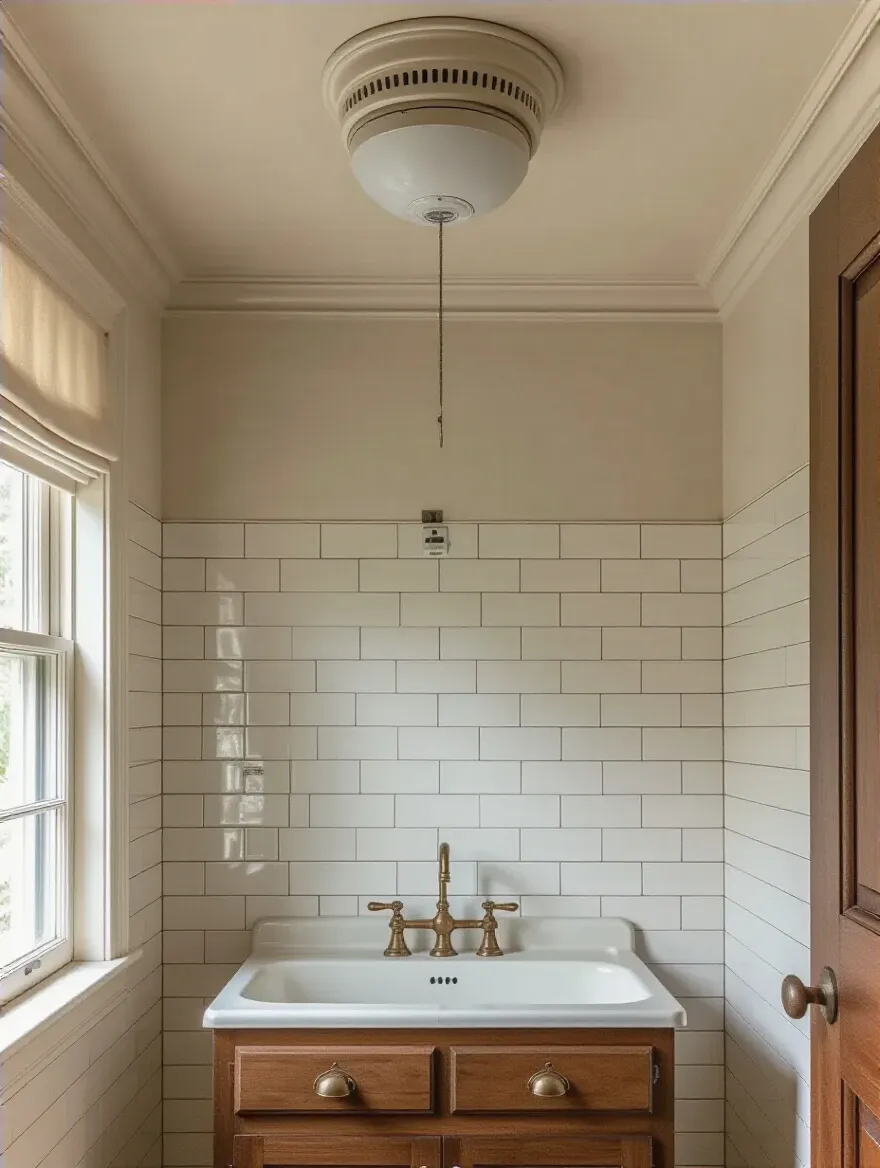 Portrait view of a vintage bathroom interior highlighting ventilation features (exhaust fan, humidity sensor) and period finishes.