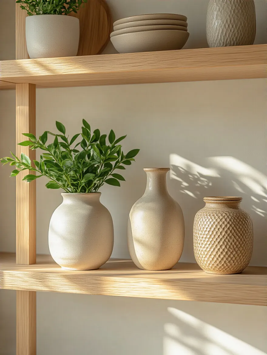 Kitchen shelf decorated with three visually appealing items arranged using the Rule of Three principle, including a tall ceramic vase, small potted plant, and decorative jar.