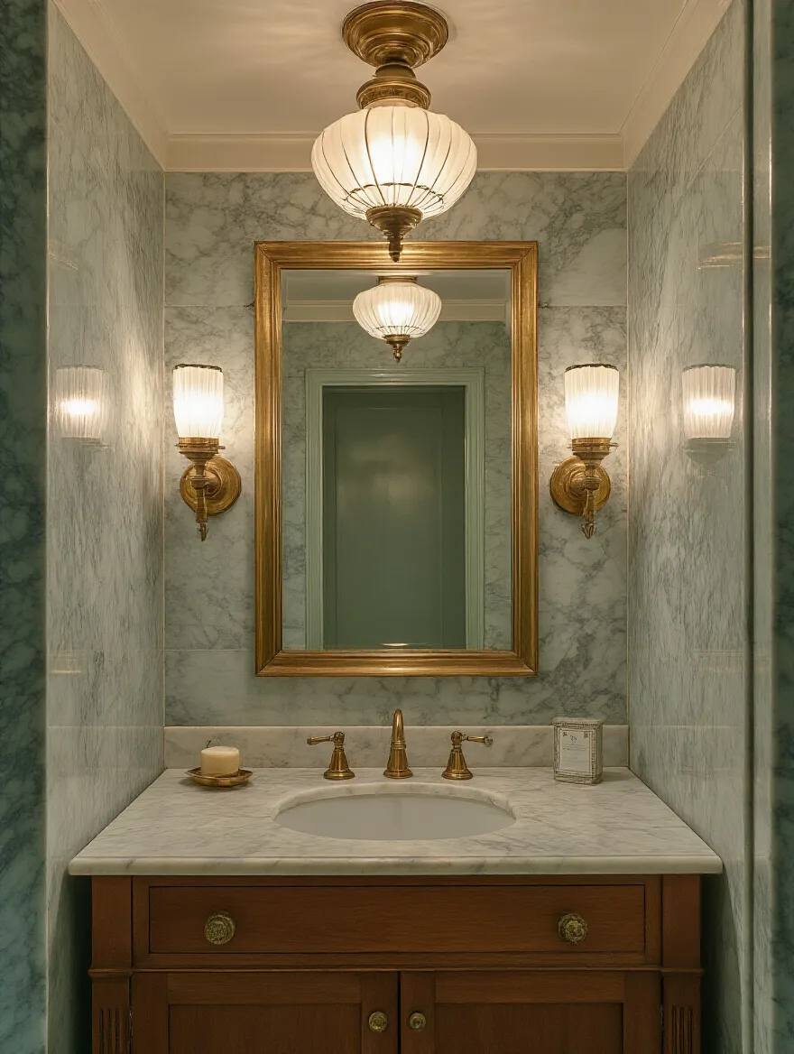 Vertical vintage bathroom with brass period lighting sconces, milk-glass shades, marble vanity, warm glow.