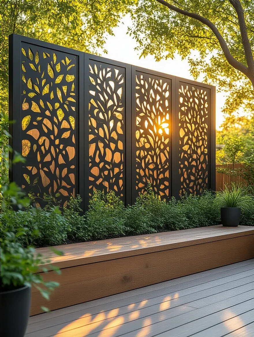 Vertical backyard scene with a decorative privacy screen, built-in planter, and warm golden-hour lighting.