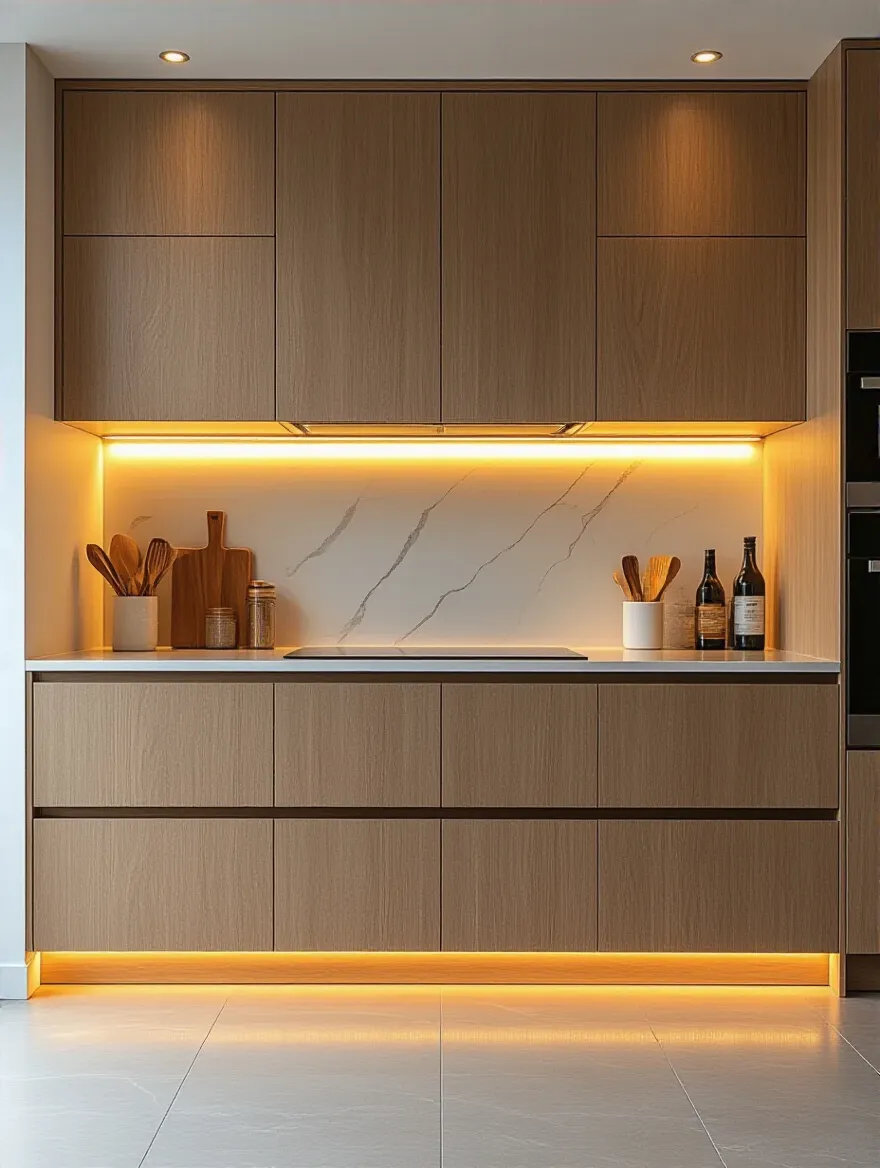 Modern kitchen countertop illuminated by warm white LED under-cabinet lighting showing enhanced task visibility and cozy ambiance