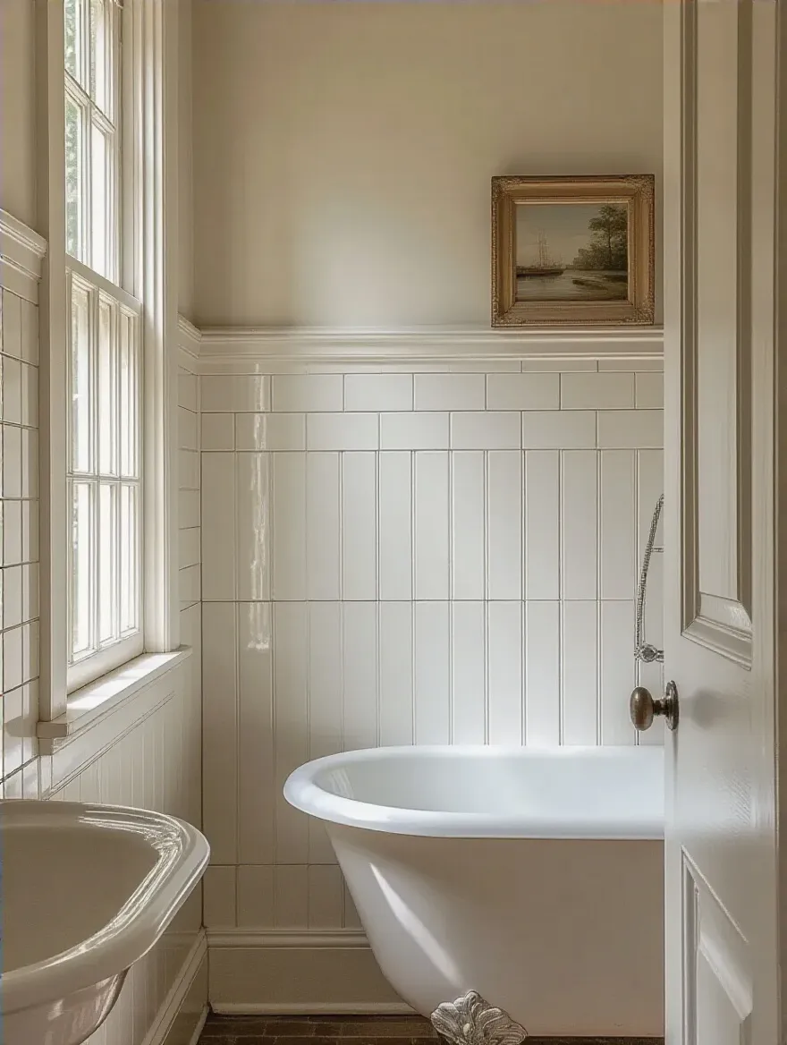 Portrait view of a vintage bathroom wall featuring beadboard wainscoting and white subway tile with warm daylight