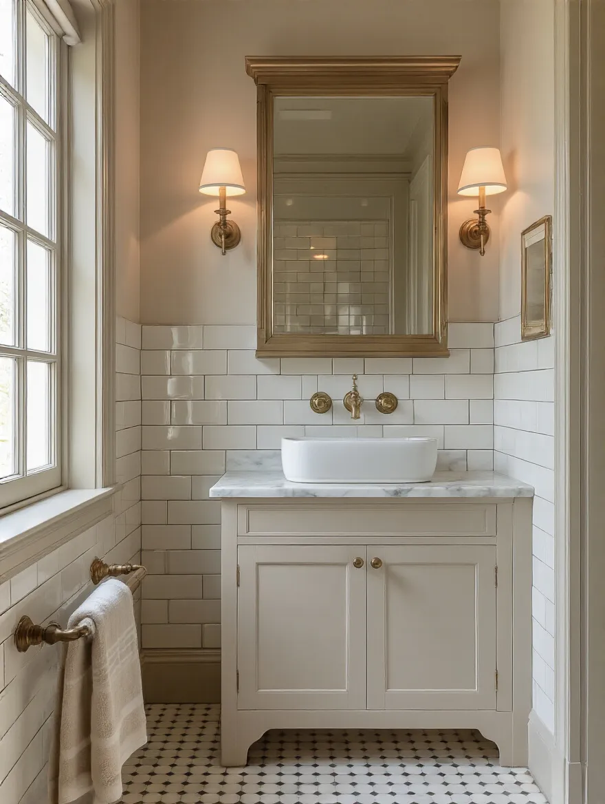 Vintage bathroom portrait with concealed modern conveniences, warm lighting, brass fixtures, and classic tile, no people.