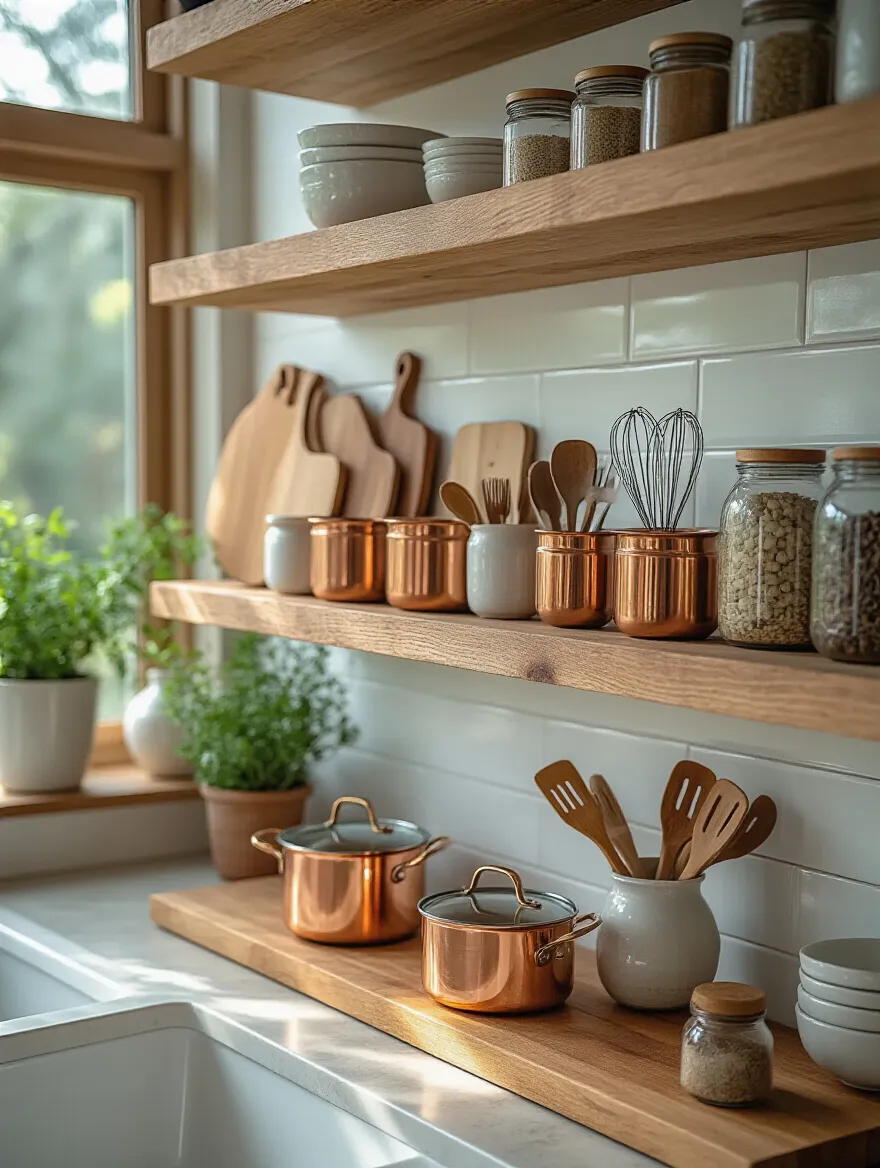 Open kitchen shelf with wooden cutting boards, ceramic utensil crocks, copper pots, and spice jars arranged as decorative and practical kitchen tools.