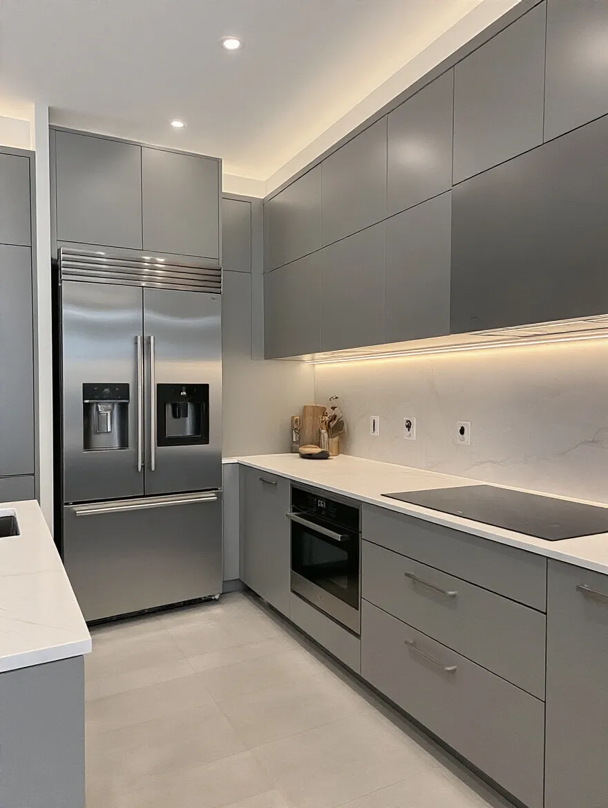 Modern kitchen with integrated smart appliances and minimalist design, showcasing tech-savvy gadgets without clutter.