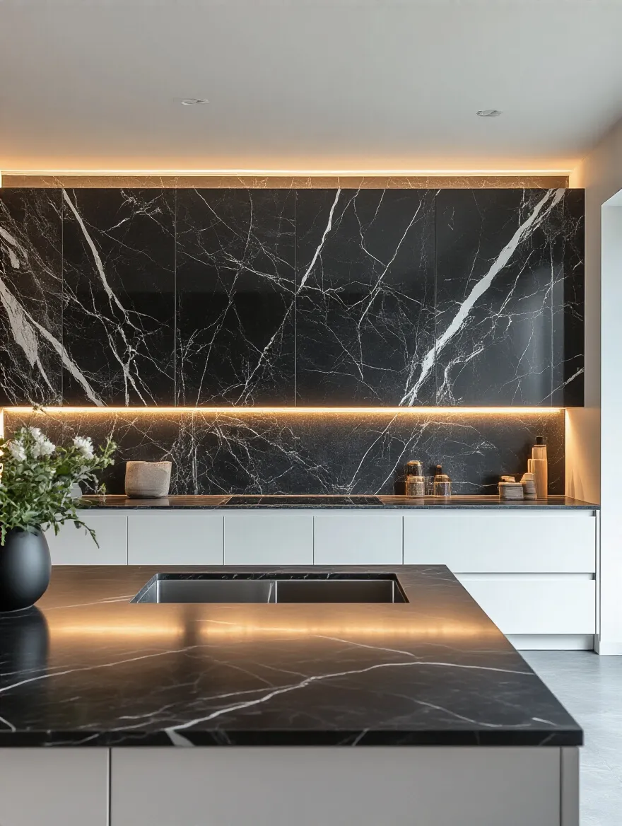 Modern kitchen with full-height black marble statement backsplash and white cabinetry under natural and LED lighting