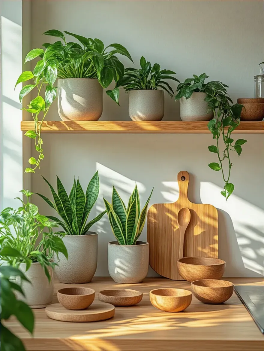 Portrait image of kitchen shelves decorated with lush green plants and warm wooden decor pieces creating a cozy and natural atmosphere