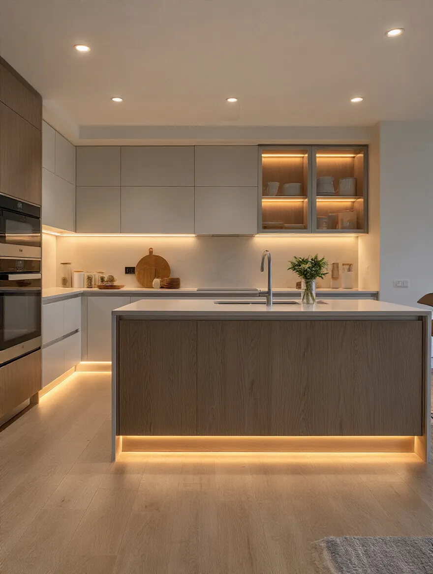 Modern kitchen with layered lighting including recessed ceiling lights, under-cabinet task lights, and warm accent LED strips, no people