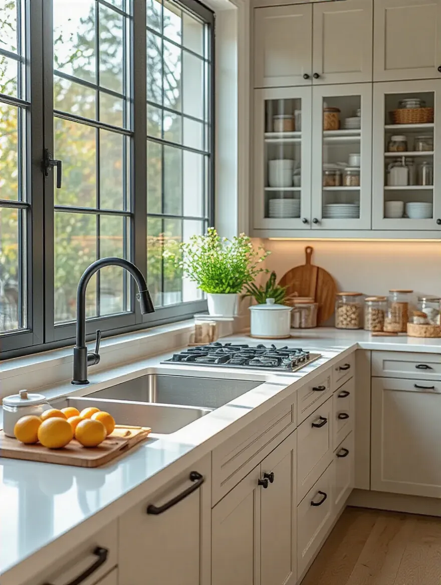 Spotless and well-organized modern kitchen interior with clean countertops and neatly stored kitchenware