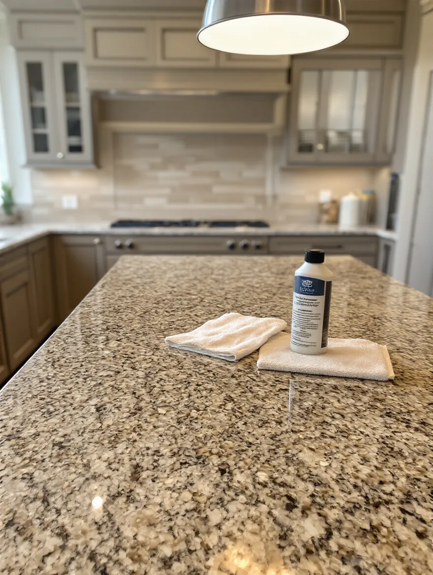 Vertical photo of a modern kitchen island with a sealed natural stone countertop showing water bead beading, no people, label-free containers.