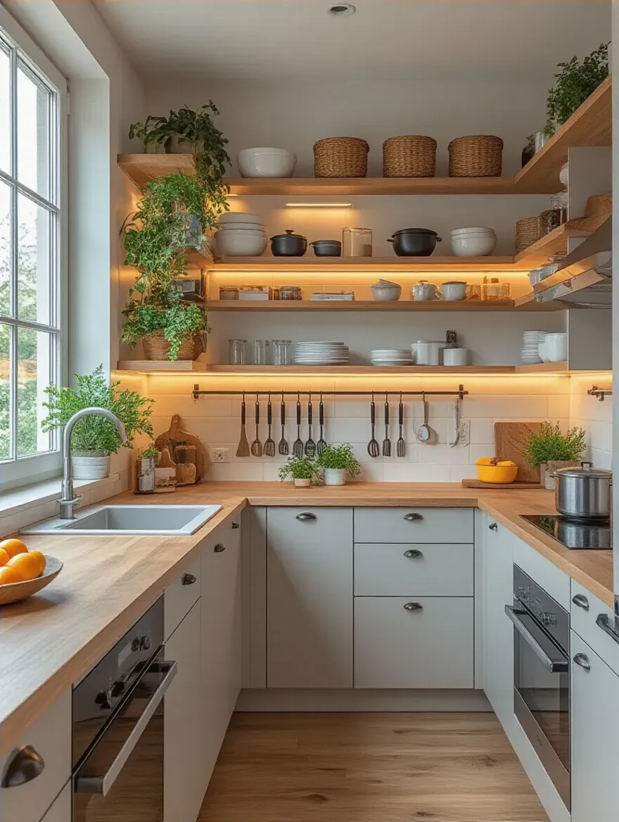 Modern small kitchen with L-shaped layout featuring floor-to-ceiling cabinetry and space-saving storage solutions