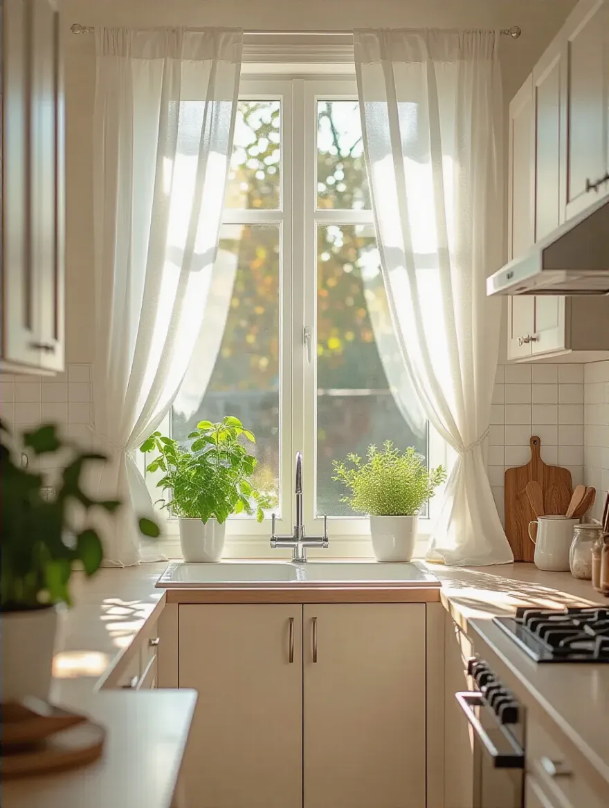 Bright modern kitchen with decluttered windows and sheer white curtains allowing natural light to fill the space
